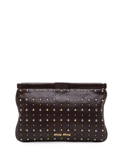 Pre-owned Miu Miu 2010-2025 Leather Studded Frame Clutch Bag In Brown