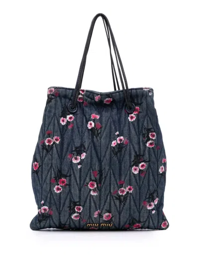 Pre-owned Miu Miu 2010-2025 Matelasse Embroidered Denim Shoulder Bag In Blue