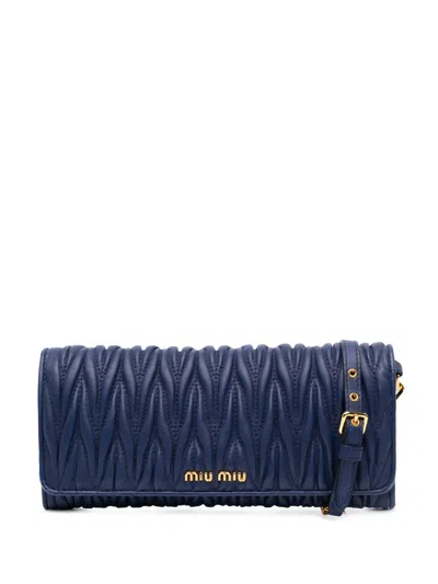 Pre-owned Miu Miu 2010-2025 Matelasse Lambskin Wallet On Chain Crossbody Bag In Blue