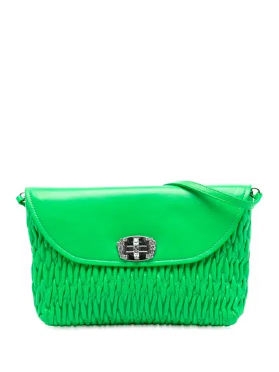 Pre-owned Miu Miu 2010-2025 Matelasse Leather Crystal Flap Shoulder Bag In Green