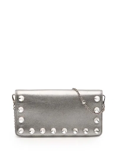 Pre-owned Miu Miu 2010-2025 Metallic Leather Crystal Studs Wallet On Chain Crossbody Bag In Silver