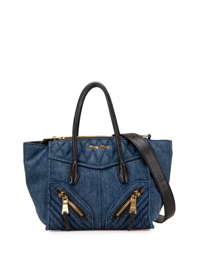 Pre-owned Miu Miu 2010-2025 Small Matelasse Denim Biker Satchel