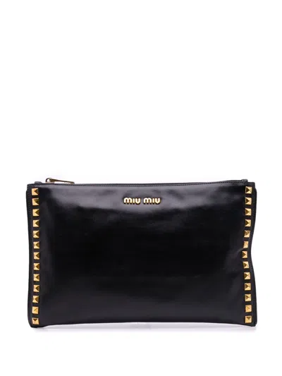 Pre-owned Miu Miu 2010-2025 Studded Leather Zip Clutch Bag In Black