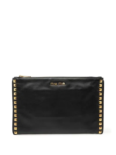 Pre-owned Miu Miu 2010-2025 Studded Leather Zip Clutch Bag In Black