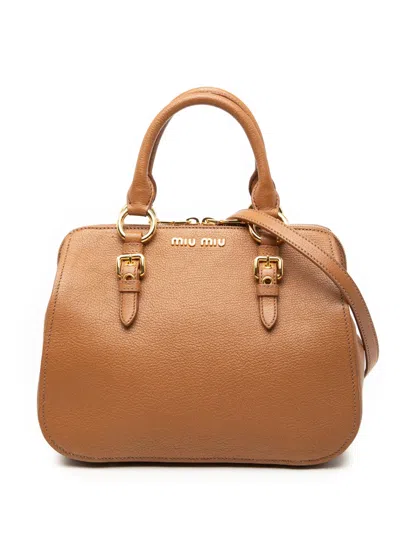 Pre-owned Miu Miu 2010-2026 Goatskin Madras Bowler Bag Satchel In Brown