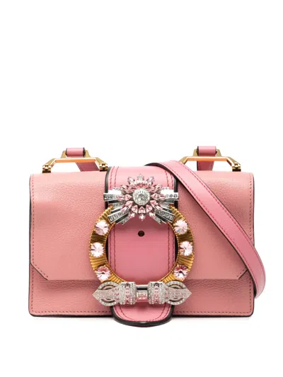 Pre-owned Miu Miu 2010-2026 Goatskin Madras Soft Calf Crystal Embellished Crossbody Bag In Pink