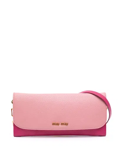 Pre-owned Miu Miu 2010 Bicolor Goatskin Madras Wallet On Chain Crossbody Bag In Pink