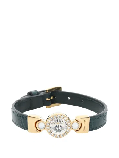 Pre-owned Miu Miu 2010 Croc-pattern Crystal-embellished Bracelet In Gold