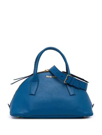 Pre-owned Miu Miu 2010 Goatskin Madras Bowling Bag Satchel In Blue
