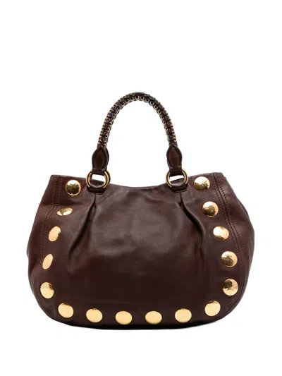 Pre-owned Miu Miu 2010 Studded Leather Top Handle Bag Satchel In Brown