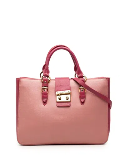 Pre-owned Miu Miu 2010-2025 Bicolor Madras Leather Convertible Lock Tote Satchel In Pink