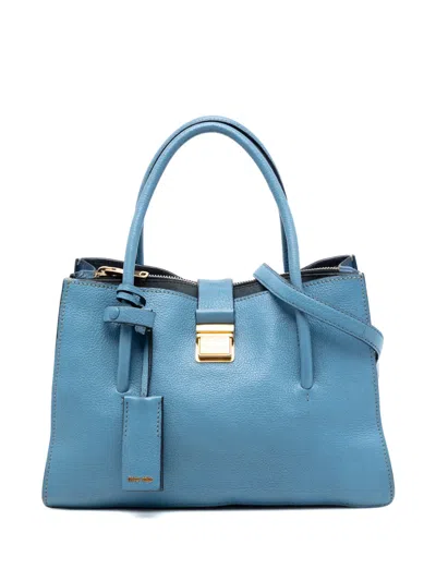 Pre-owned Miu Miu 2010-2025 Goatskin Madras Push Lock Tote Satchel In Blue