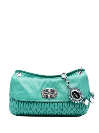Pre-owned Miu Miu 2010-2025 Matelasse Nappa Crystal Chain Crossbody Bag In Green