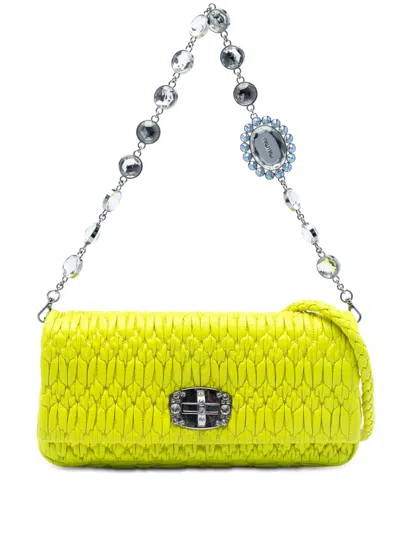 Pre-owned Miu Miu 2010-2025 Matelasse Nappa Crystal Chain Satchel In Yellow