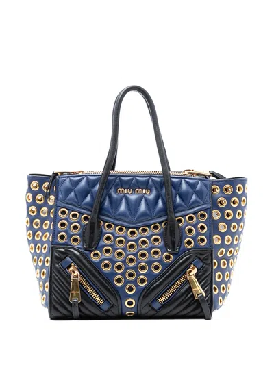 Pre-owned Miu Miu 2010-2025 Small Nappa Grommet Biker Satchel In Blue