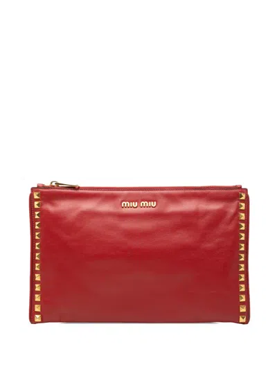 Pre-owned Miu Miu 2010-2025 Studded Leather Zip Clutch Bag In Red