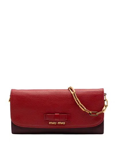 Pre-owned Miu Miu 2010-2026 Bicolor Goatskin Madras Bow Wallet On Chain Crossbody Bag In Red