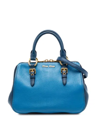 Pre-owned Miu Miu 2010-2026 Bicolor Madras Leather Convertible Doctor Satchel In Blue