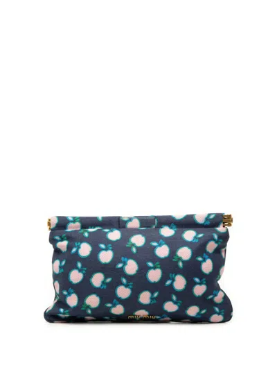Pre-owned Miu Miu 2010-2026 Canvas Apple Print Frame Flat Pouch Clutch Bag In Blue