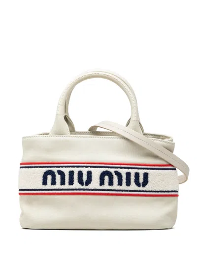Pre-owned Miu Miu 2010-2026 Cotton Trimmed Embroidered Canvas Logo Convertible Tote Satchel In White