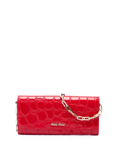 Pre-owned Miu Miu 2010-2026 Croc Embossed Patent Wallet On Chain Crossbody Bag In Red