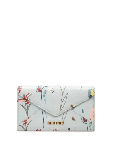 Pre-owned Miu Miu 2010-2026 Goatskin Floral Print Envelope Wallet Long Wallets In Blue