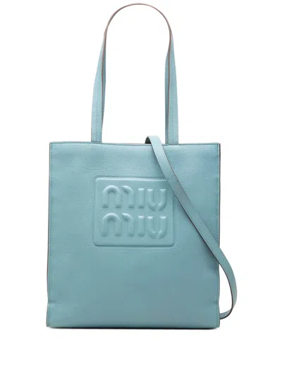 Pre-owned Miu Miu 2010-2026 Goatskin Madras Embossed Logo Satchel In Blue