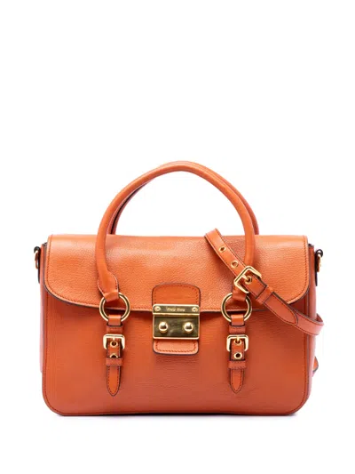 Pre-owned Miu Miu 2010-2026 Goatskin Madras Flap Satchel In Orange