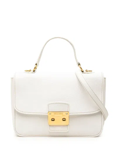 Pre-owned Miu Miu 2010-2026 Goatskin Madras Push Lock Top Handle Satchel In White