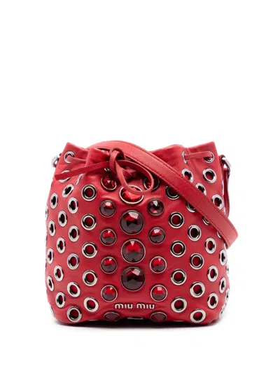 Pre-owned Miu Miu 2010-2026 Jeweled Nappa Grommet Starlight Bucket Bag In Red