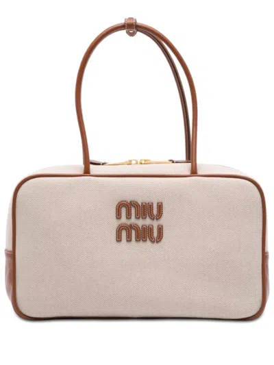 Pre-owned Miu Miu 2010-2026 Large Canvas And Leather Logo Beau Handbag In Brown