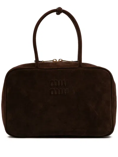 Pre-owned Miu Miu 2010-2026 Large Suede Logo Beau Shoulder Bag In Brown