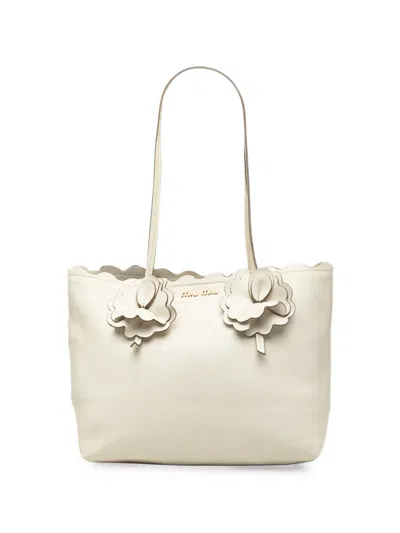 Pre-owned Miu Miu 2010-2026 Leather Flower Tote Bag In White