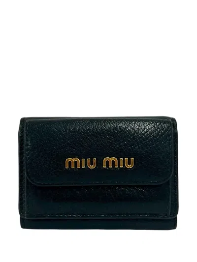 Pre-owned Miu Miu 2010-2026 Leather Logo Trifold Wallet Small Wallets In Black