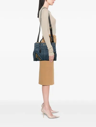 Pre-owned Miu Miu 2010-2026 Matelasse Denim Biker Tote Satchel In Black