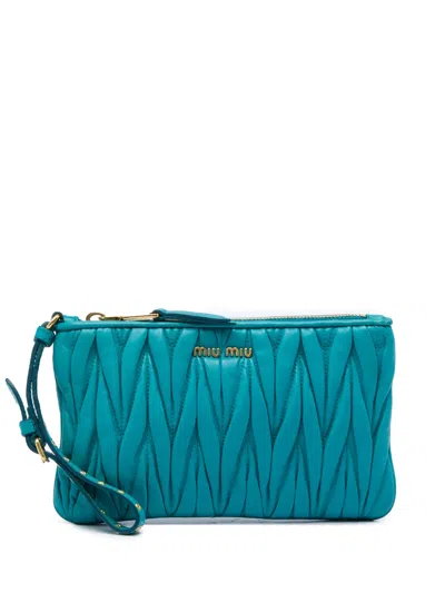 Pre-owned Miu Miu 2010-2026 Matelasse Lambskin Leather Clutch Bag In Blue