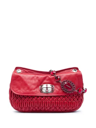 Pre-owned Miu Miu 2010-2026 Matelasse Nappa Crystal Chain Crossbody Bag In Red