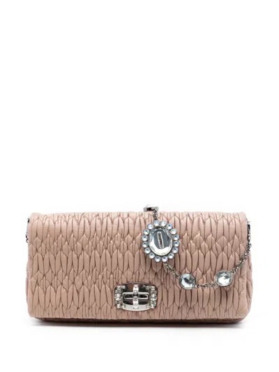 Pre-owned Miu Miu 2010-2026 Matelasse Nappa Crystal Chain Satchel In Brown