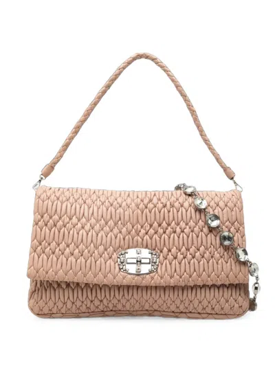 Pre-owned Miu Miu 2010-2026 Matelasse Nappa Crystal Chain Satchel In Brown