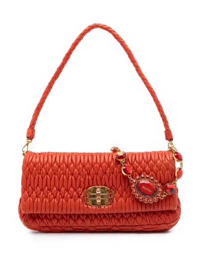 Pre-owned Miu Miu 2010-2026 Matelasse Nappa Crystal Chain Satchel In Orange