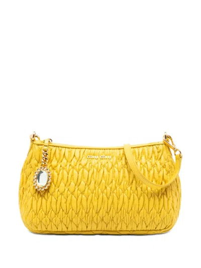Pre-owned Miu Miu 2010-2026 Matelasse Nappa Crystal Charm Shoulder Bag In Yellow