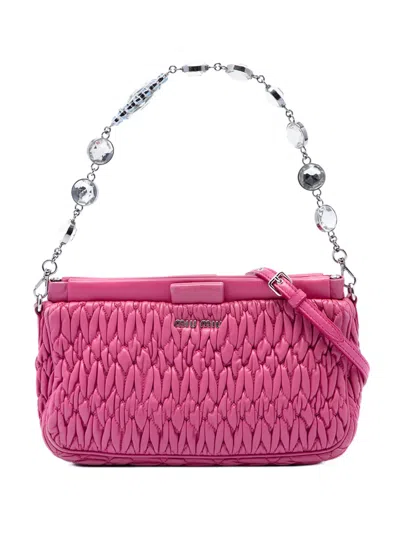 Pre-owned Miu Miu 2010-2026 Matelasse Nappa Frame Crystal Chain Satchel In Pink