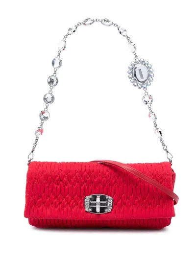 Pre-owned Miu Miu 2010-2026 Matelasse Nylon Crystal Chain Satchel In Red