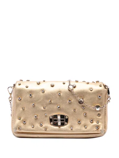 Pre-owned Miu Miu 2010-2026 Metallic Nappa Strass Studded Flap Crossbody Bag In Gold