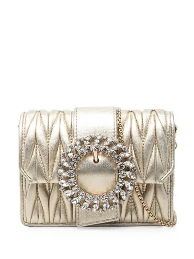 Pre-owned Miu Miu 2010-2026 Mini Matelasse Metallic Nappa Crystal Embellished Crossbody Bag In Gold