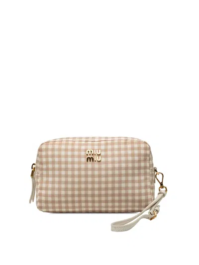 Pre-owned Miu Miu 2010-2026 Nylon Vichy Wristlet Pouch In Neutral