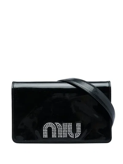 Pre-owned Miu Miu 2010-2026 Patent Crystal Embellished Logo Wallet On Chain Crossbody Bag In Black