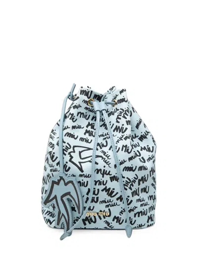 Pre-owned Miu Miu 2010-2026 Printed Canvas Drawstring Pouch Bucket Bag In Blue