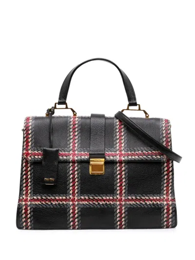 Pre-owned Miu Miu 2010-2026 Printed Goatskin Madras Top Handle Bag Satchel In Black