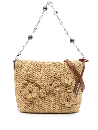 Pre-owned Miu Miu 2010-2026 Raffia Floral Applique Crystal Chain Satchel In Neutral
